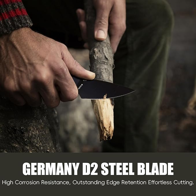 Tactical EDC Fixed Blade Knife with Sheath and clip 2.7 in Blade Small Fixed Knives for Outdoor Camping Survival Bushcraft Camp knife made of D2 steel and G10 Ergonomic handle (Black)
