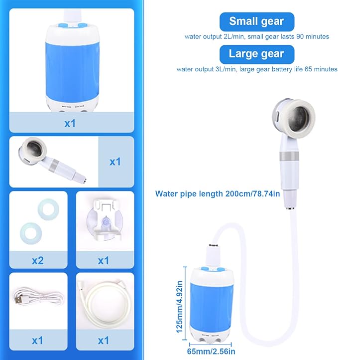 Portable Camping Shower 2 Levels Electric USB Portable Shower Waterproof Outdoor for Camping Hiking Travel Car Washing Pet Cleaning USB Pump
