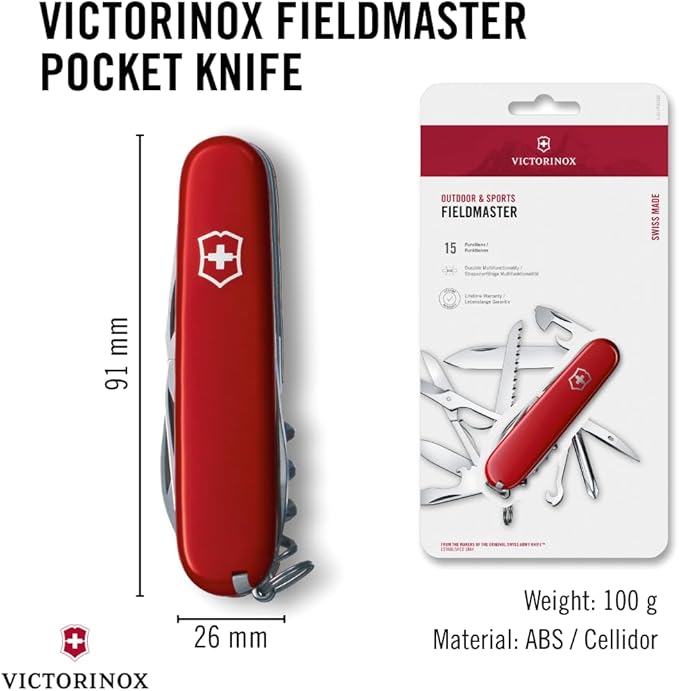 Victorinox Fieldmaster Swiss Army Knife 15 Function Swiss Made Pocket Knife with 2 Blades Scissors Philips Screwdriver and Bottle Opener - Red