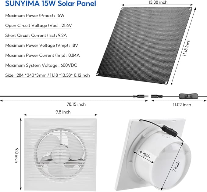 SUNYIMA Solar Powered Exhaust Fan 15W Weatherproof Solar Panel with 8 Inch Solar Exhaust Fan for Shed Ventilation Small Chicken Coops Greenhouses Pet Houses Window Exhaust Garage