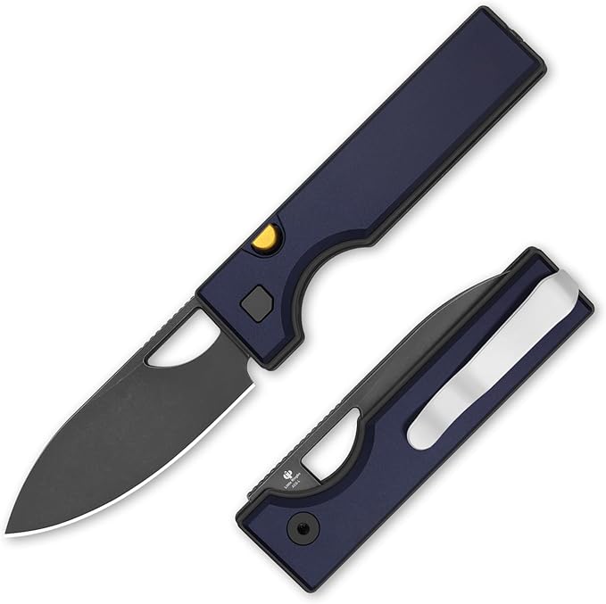 Kizer Little Ringbo Pocket Knife 2.95 AEB-L Steel Drop Point Folding Knife with Blue Aluminum Handle Thumb Hole Opener Button Liner Lock EDC knives for Camping Hiking V3708A3