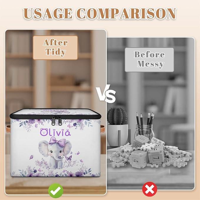 Custom Elephant Storage Bins with Lid Foldable Personalized Storage Basket Boxes with Handle Purple Flowers Shelf Basket Closet Organizer Cube