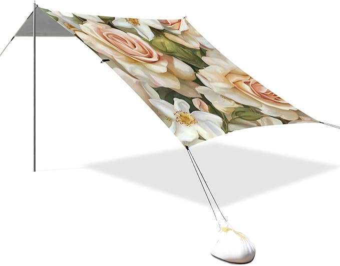ALAZA Roses and White Flower Beach Tent Sun Shelter Portable Canopy Sunshade for Outdoor Camping Picnics Backyard Fun 10x9 ft