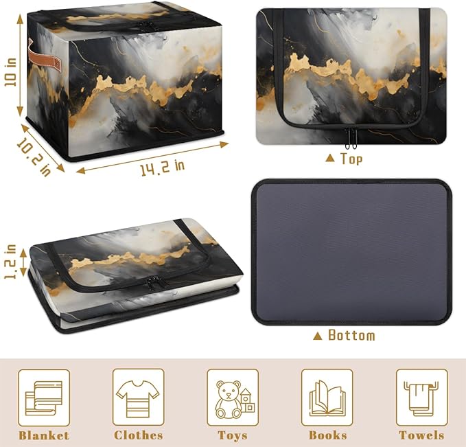 Marble Storage Bins with Zipper Lid Gold Black Marble Fabric Lidded Storage Baskets Cubes with Handles Decorative Foldable Shelf Closet Organizer Container