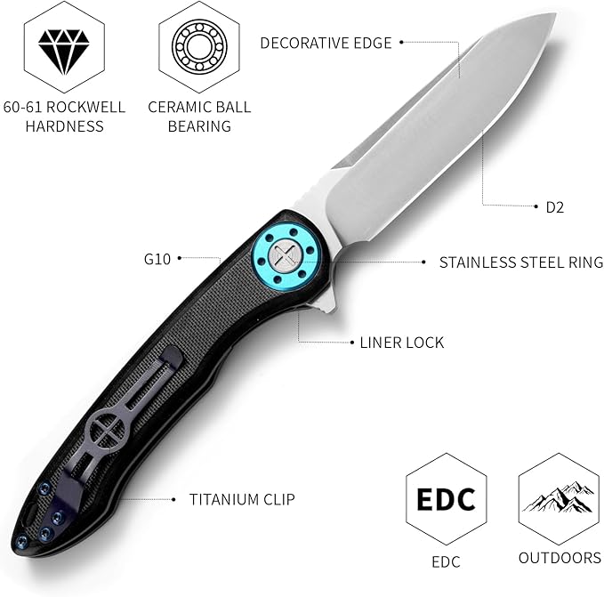 Tactical Folding Knife 7.8in with 3.3 D2 Blade G10 Handle Ambidextrous Silver Camping Survival EDC Pocket Knife with Clip