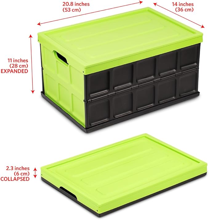 Glad Collapsible Storage Bin with Lid - 48L Foldable Plastic Box for Garage Car Trunk and Organization - Stackable Lidded Container with Handles Green