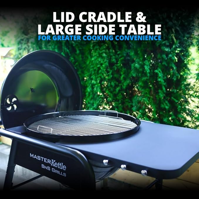 SnS Grills 22-Inch Charcoal Grill and Smoker — MasterKettle with Patented Slow ‘N Sear Deluxe Insert 304 Stainless EasySpin Grate Integrated Side Table 10-Year Warranty.