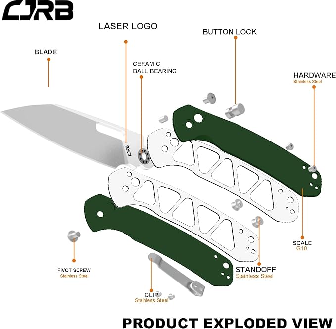 CJRB Pyrite-Alt (J1925A) Folding Pocket Knife 3.11 Stonewash AR-RPM9 Steel Blade Green G10 Handle Manual Thumb Hole Open Button Lock EDC Knife for Outdoor Hiking