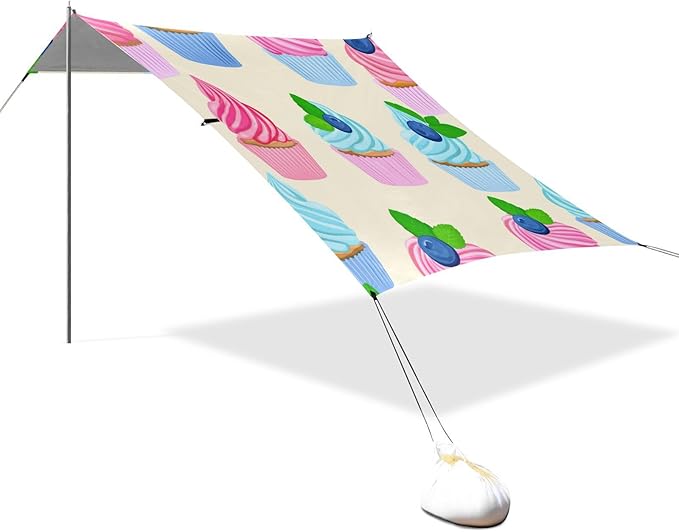 xigua Cake Beach Tent Sun Shelter with Carrying Bag - Silver Coated Oxford Fabric Beach Canopy for Beach Camping Fishing - Includes Windproof Ropes Sandbags &amp Stakes