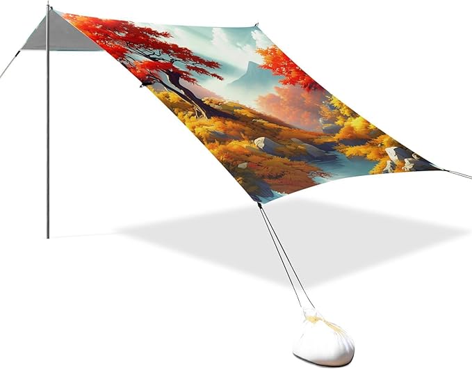xigua Autumn Beach Tent Sun Shelter with Carrying Bag - Silver Coated Oxford Fabric Beach Canopy for Beach Camping Fishing - Includes Windproof Ropes Sandbags &amp Stakes
