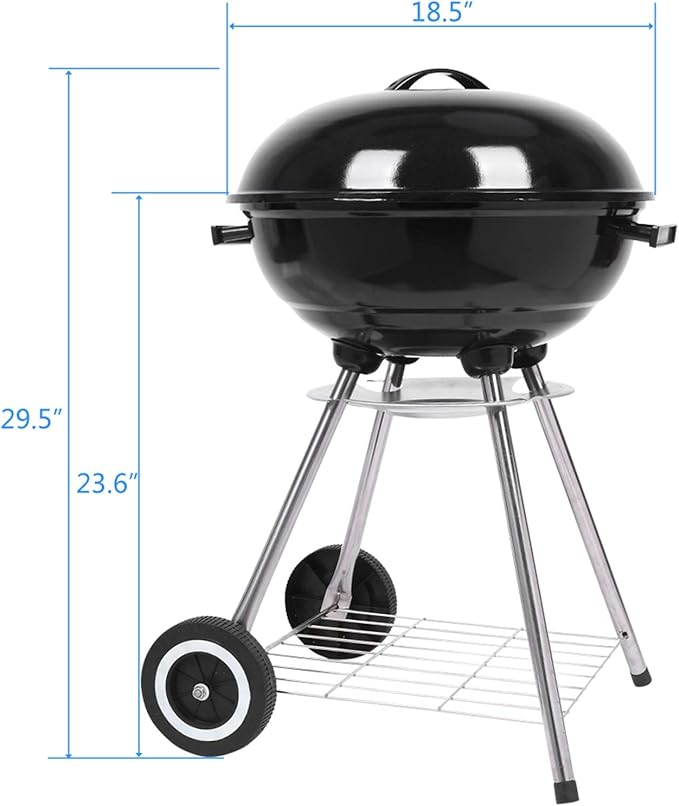 Outvita 18 inch Portable Charcoal Grill Stainless Steel BBQ Kettle Charcoal Grill with Wheels and Storage Holder for Camping Picnic Barbecue Party Outdoor Activities