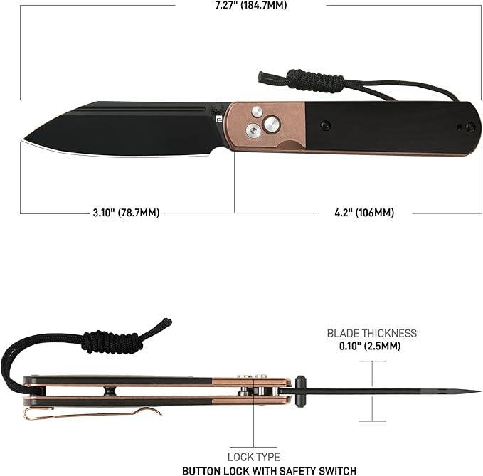 ARTISANCUTLERY Holm Folding Pocket Knife Folding Knife with 3.10'' AR-RPM9 Steel Handle with Rose Gold PVD Steel and Ebony Inlay Button Lock with Safety Switch EDC Knife for Men 1875P Rose Gold