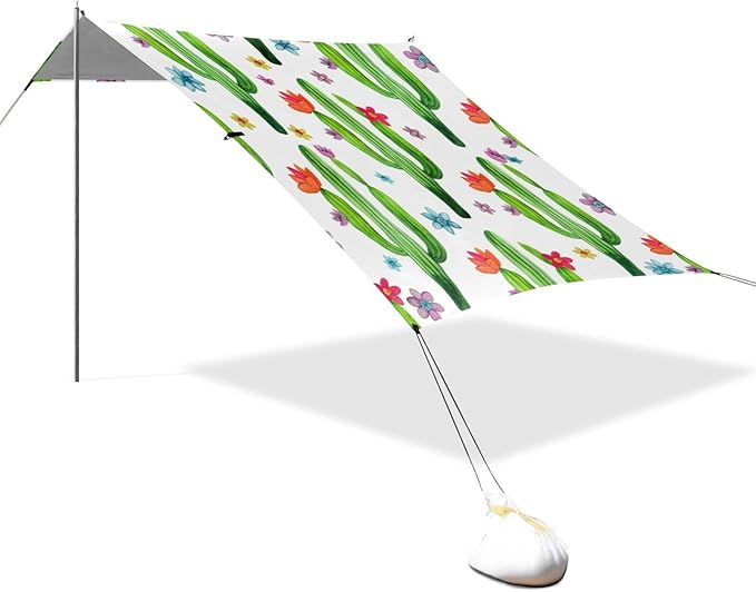 Beach Canopy with Windproof Ropes &amp Sandbags Beach Tent Sun Shade Sun Shelter for Camping Trips Fishing Backyard Fun or Picnics Cactus