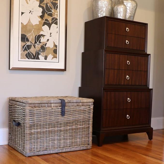 The Basket Lady Handwoven Deep Wicker Storage Trunk Natural Rattan Wicker Chest with Lid and Handles for Blankets and Home Organization-Serene Grey Extra Large 30 L x 21 W x 20.5 H