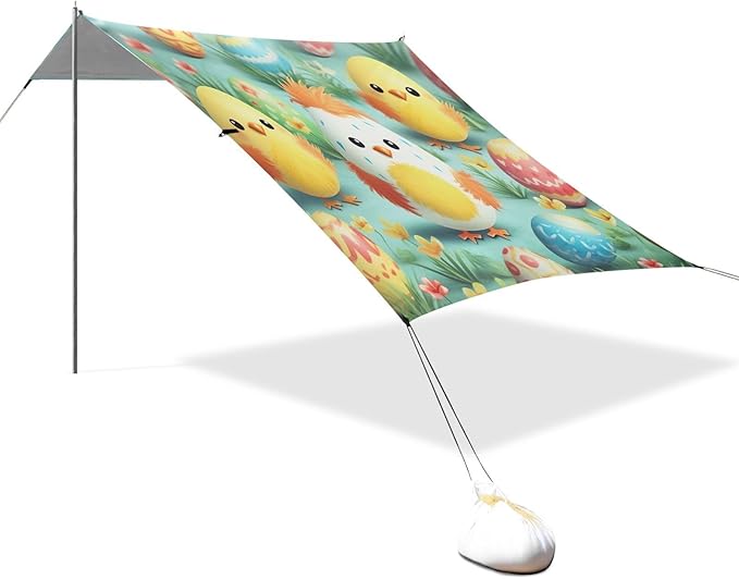 Easter Eggs Cute Chicks Beach Tent Sun Shelter Set UPF50+ UV Protection 10.5 x 9.19 FT Camping Shade Canopy with Sandbags Sand Anchors Carrying Bag and Others