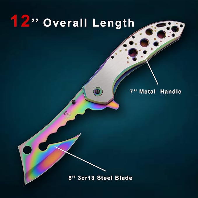 Snake Eye Tactical 12 Jumbo Huge Heavy Duty Ultra Smooth One Hand Opening Folding Pocket Knife Limited Edition Collectors Knife - Ideal for Recreational Work Hiking Camping (Rainbow)