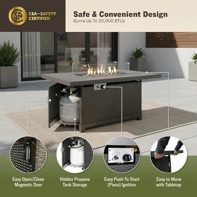52-Inch Propane Fire Pit Table Rectangular 50000 BTU Outdoor Gas Fire Pit for Patio &amp Backyard Aluminum Frame 2-in-1 Firepit Dining Table with Glass Wind Guard Rain Cover and Blue Glass Rocks Bro