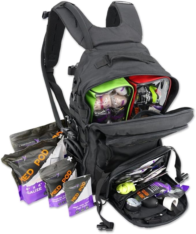 Lightning X Stocked Modular Trauma &amp Bleeding First Aid Responder Medical Backpack + Kit + Hydration Bladder - Black