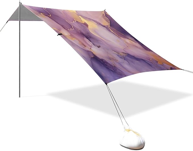 ALAZA Purple &amp Gold Marble Beach Tent Sun Shelter UPF50+ Protection Beach Shade Canopy w/ 4 Sandbags for Outdoor Camping Fishing Backyard Fun Picnic 10x9 ft