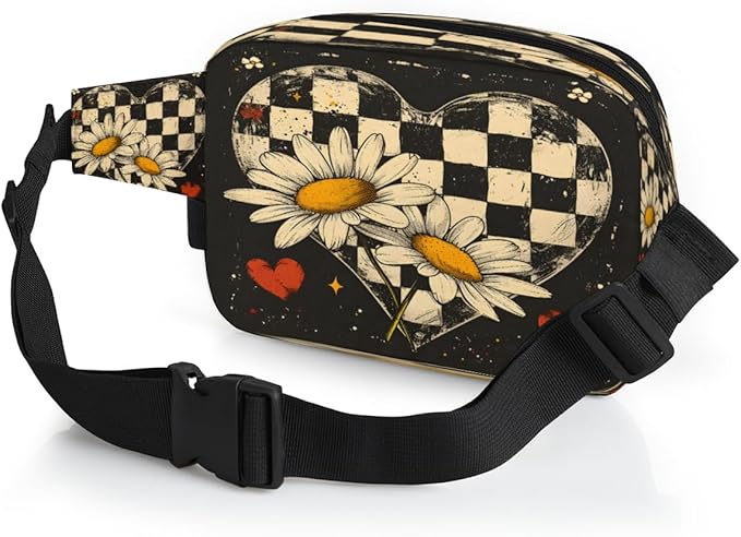 Love Grid Chrysanthemum Waterproof Fanny Pack for Women Men Adjustable Waist Bag with Double Zipper Pockets Lightweight Square Hip Pack for Running Travel Hiking Workout Cycling