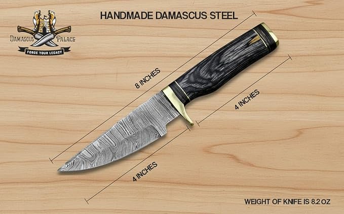 8-Inch Hand-Forged Damascus Steel Hunting Knife Fixed Blade Skinning Design with Leather Sheath Multicolor Wood Handle Brass Guard Twist Pattern Blade for Camping (Grey)