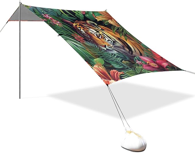 ALAZA Tropical Flowers and Tigers Beach Tent Sun Shelter Portable Canopy Sunshade for Outdoor Camping Picnics Backyard Fun 10x9 ft
