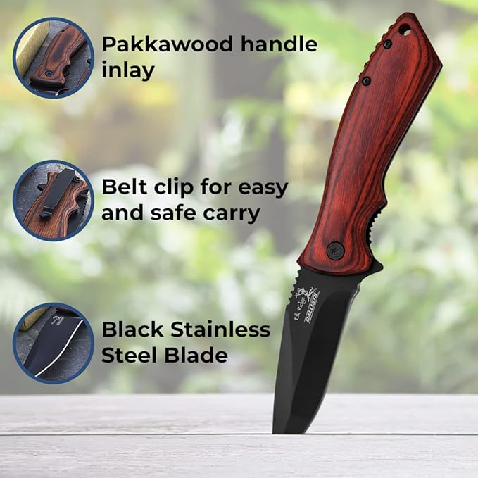 Sofia's Findings Personalized 7.75 Spring Assisted Folding Knife with Wood Handle
