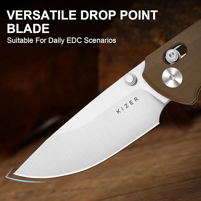 Kizer T1 CD EDC Pocket Knife 3.2 Nitro-V Steel Drop Point Folding Knives with Brown G10 Handle Sided Thumb Studs Opener Clutch Lock for Camping Hiking Fishing V3490.2CA2