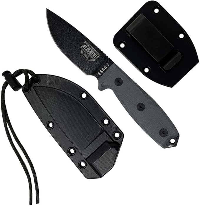 ESEE Knives Model 3P-B Fixed Blade Knife Black Molded Polymer Sheath Ambidextrous Belt Clip Plate