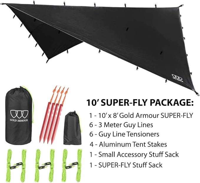 Gold Armour Rainfly Tarp Hammock Premium 14.7ft/12ft/10ft/8ft Rain Fly Cover Waterproof Ultralight Camping Shelter Canopy Survival Equipment Gear Camping Tent Accessories (Black 10ft x 8ft)
