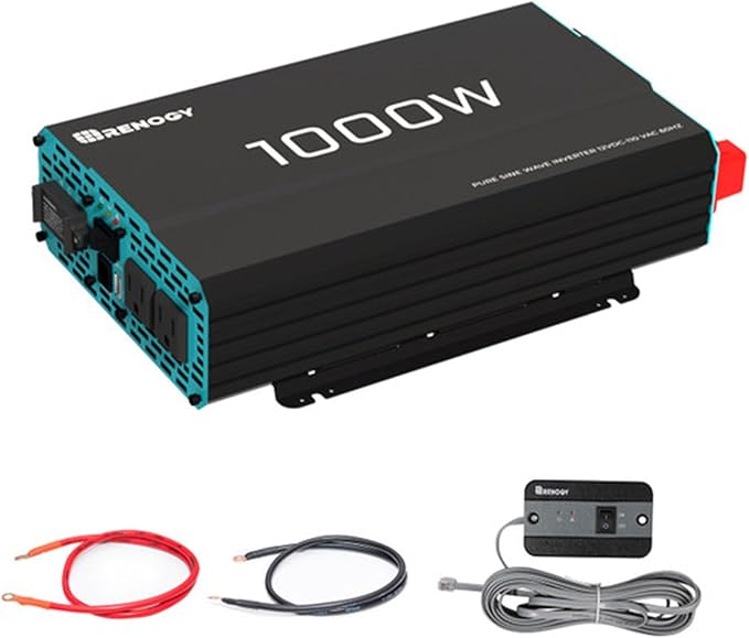 Renogy 1000W Pure Sine Wave Inverter 12V DC to 120V AC Converter for Home RV Truck Off-Grid Solar Power 110V with Built-in 5V/2.1A USB Port Hardwire Remote Controller