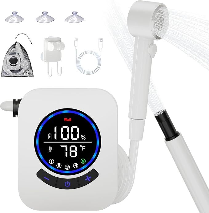 JITUIHOM Portable Camping Shower with 8000mAh Rechargeable Pump - 3X Stronger Water Flow 5 Pressure Levels &amp 4 Modes Outdoor with LED Display for Hiking &amp Travel(White)
