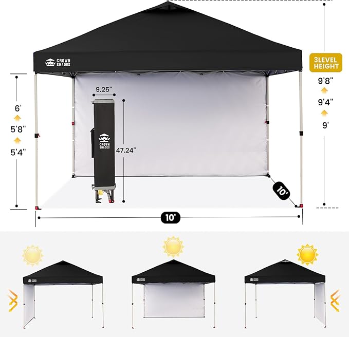 CROWN SHADES 10x10 Pop Up Canopy with 1 Side Wall - Beach Tent with One Push Setup - Outdoor Sun Shade for Events Parties Camping - Gazebo with STO-N-Go Cover Bag (Black)