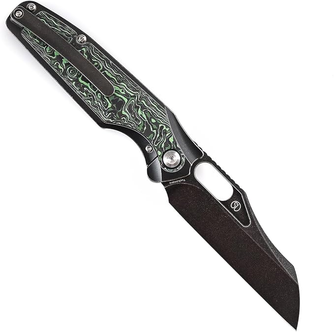 KANSEPT Tuckamore Camping Pocket Knives for Men 8.12in Folding Knives with 3.54in Stonewashed CPM 20CV Material and Titanium Green Carbon Fiber Handle for Outdoor Tactical Survival K1052A3