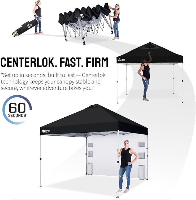 CROWN SHADES Canopy Tent 10 x 10 Foot Portable Pop Up Outdoor Shelter with Pocket Sidewall Push Center Lock UV Protection and Carry Bag Black