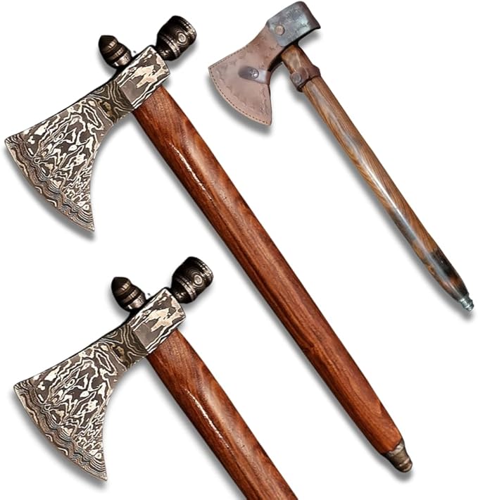 Damascus Axe Damascus Head with Rosewood Handle Comfortable Grip Comes with Leather Sheath Best for Display and Gift for Your Loved Ones