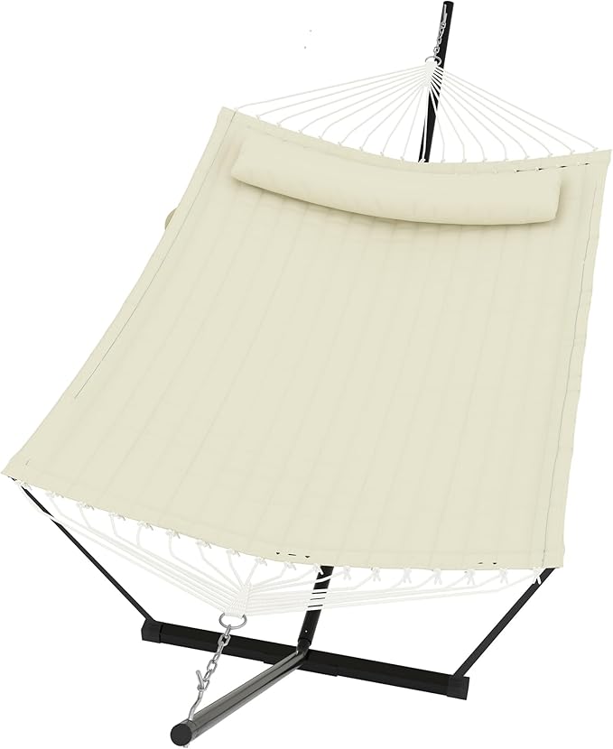 GarveeLife 2 Person Double Hammock with Stand and Pillow - 450 Lbs Capacity Heavy Duty Hammock with Balance Rope Large Outdoor Hammock for Patio Backyard Poolside