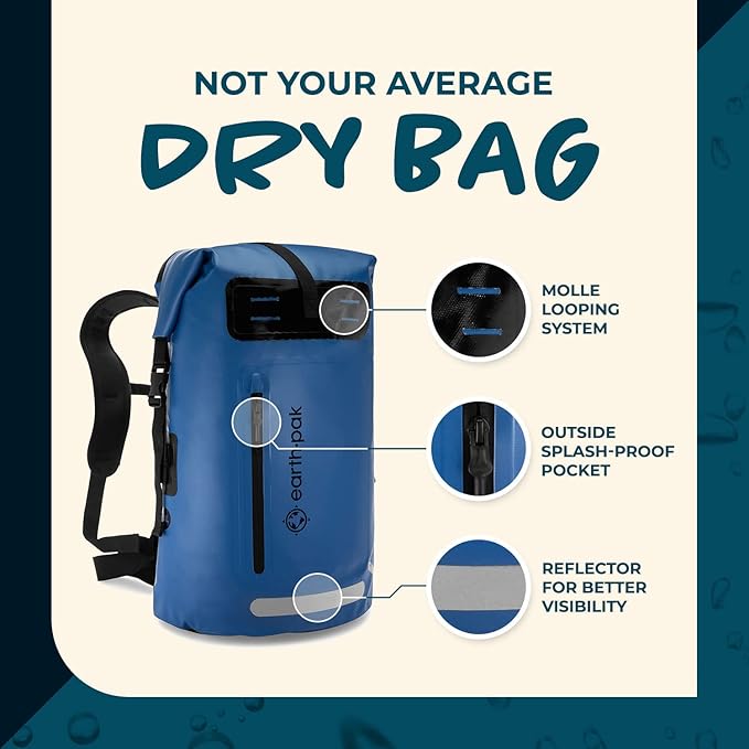 Earth Pak Waterproof Backpack - Heavy Duty Roll-Top Closure with Easy Access Front-Zippered Pocket and Cushioned Padded Back Panel for Comfort with IPX8 Waterproof Phone Case