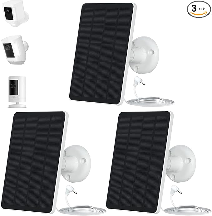 3-Pack 5W Solar Panels for Security Cameras with 360° Adjustable Mounting - IP65 Waterproof - 9.8 Ft Charging Cable - Micro USB &amp USB-C &amp DC3.5mm Ports