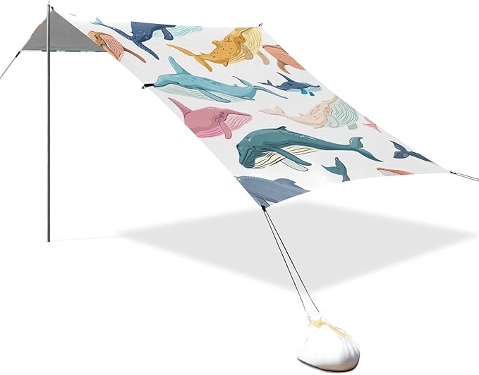 ALAZA Colorful Whales Beach Tent Sun Shelter UPF50+ Protection Beach Shade Canopy w/ 4 Sandbags for Outdoor Camping Fishing Backyard Fun Picnic 10x9 ft