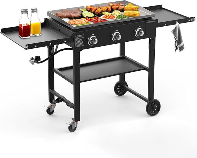 BESTFIRE 3 Burner 35 Flat Top Grill45000 BTU Flat Grills Outdoor Cooking with Two Foldable ShelvesOutdoor Griddle with Porcelain-Enameled Cast Iron Grate &amp Pan for KitchenBBQ&amp Camping