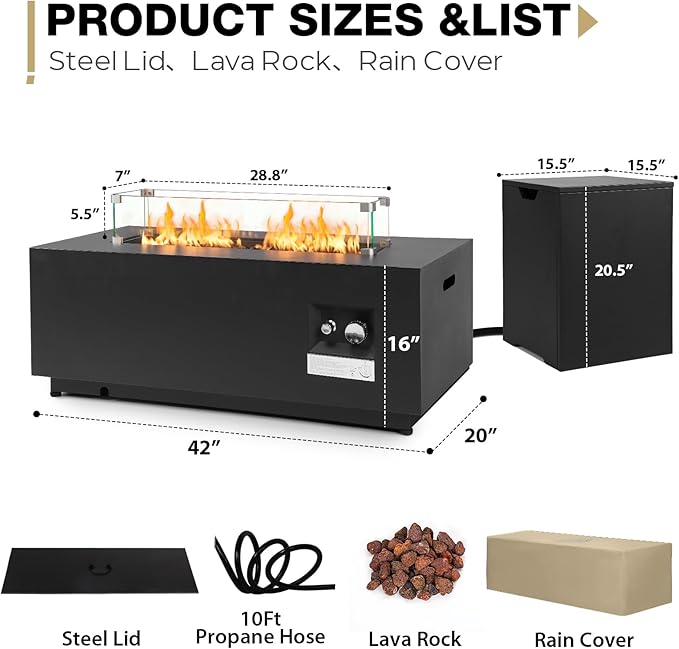 42'' Outdoor Propane Fire Pit Table 50000 BTU Rectanle Natural Gas Fire Pits with Tank Cover Wind Guard No Assembly Low Profile Fire Table for Outside Patio &amp Backyard Black