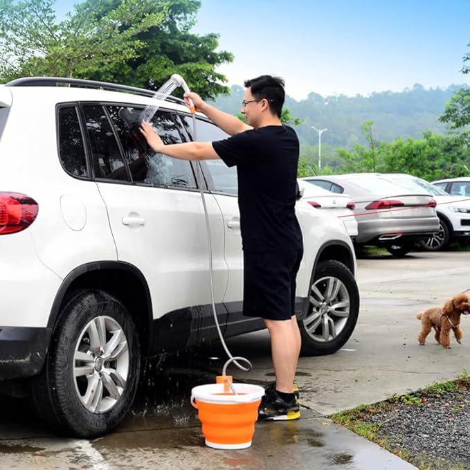 1Set Camping Shower with Lighting Durable Outdoor Shower Head for Camping Hiking Car Washing Pet Cleaning Fully Charged for Use Orange