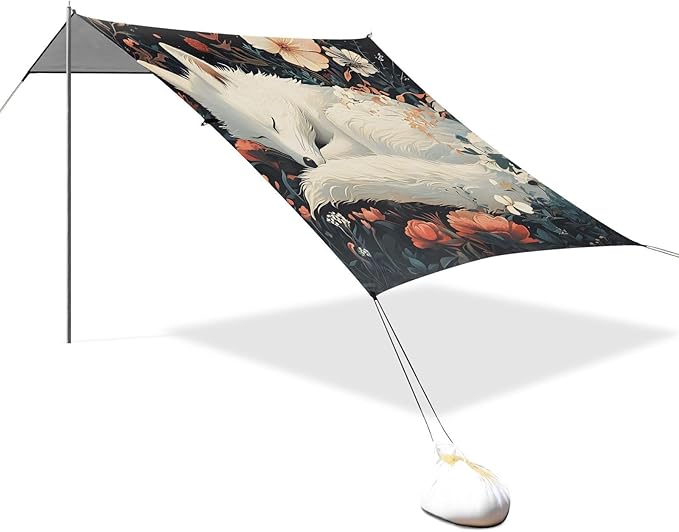 ALAZA White Fox Sleeping with Flower Beach Tent Sun Shelter Portable Canopy Sunshade for Outdoor Camping Picnics Backyard Fun 10x9 ft