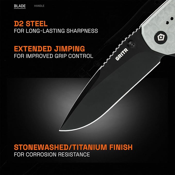 GRITR Stealth Folding Pocket Knife w/ 3.5 D2 Steel Blade for Military Hunting Camping Hiking – Gray Handle Non-Serrated Blade with Stonewashed Finish