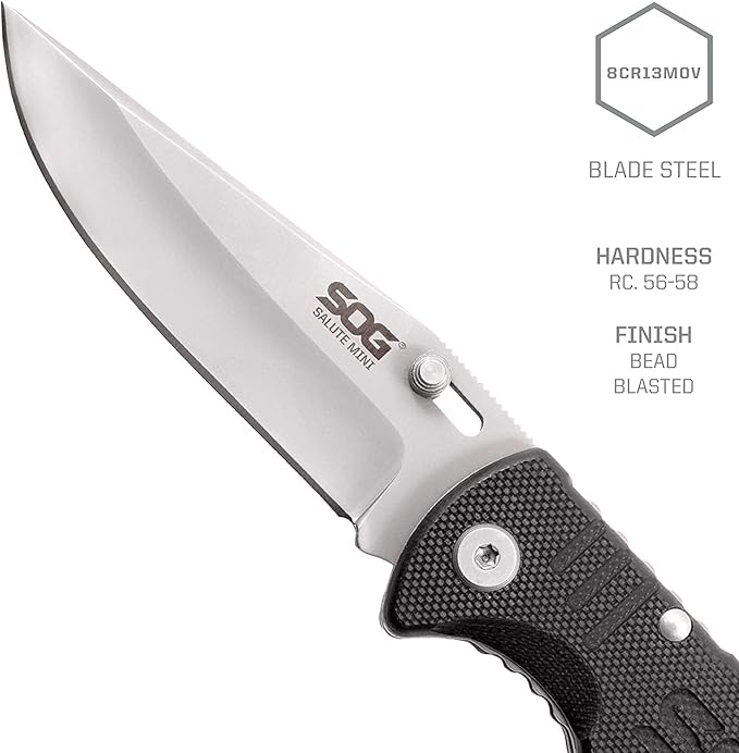 SOG Salute Mini Tactical Knife- EDC Folding Pocket Knife with 3.1 Inch Blade Adjustable Thumb Stud and Low Carry Bayonet Clip Bead Blasted (FF1001-CP)
