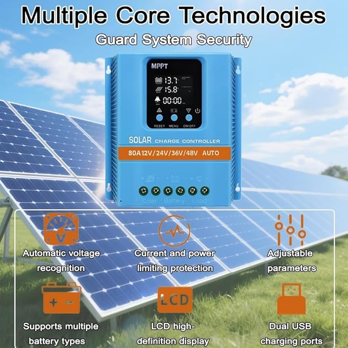 Solar Charge Controller 80A 12V 24V 36V 48V Intelligent Recognition LCD Display Battery Intelligent Regulator Maximum 100V Input Dual USB for Lead Acid/Lithium Battery