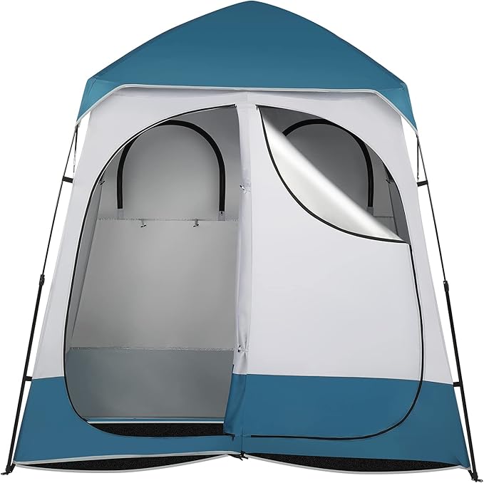 2 Room Shower Tent 7.5ft Changing Tent w/Mesh Pocket &amp Clothesline Large Instant Pop Up Privacy Tent Easy Set Up Camping Essentials Portable Shelter for Toilet Fishing Dressing Blue &amp