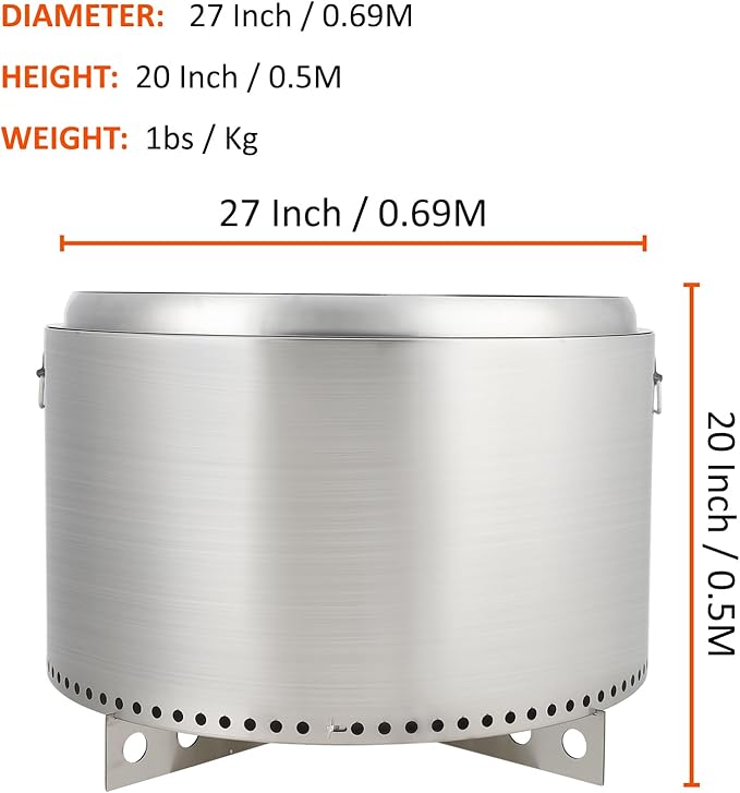 27 in Smokeless Fire Pit with Air Switch Wood Burning Portable Stainless Steel Outdoor Firepit with Removable Stand &amp Stove Hook Ash Pan for Camping Backyard Patio Picnic H: 20 in 35 LBS