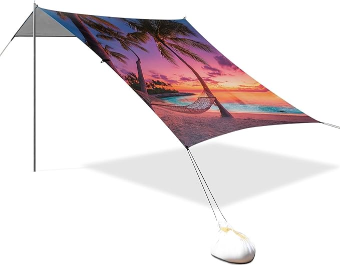 ALAZA Sunset Beach Summer Beach Tent Sun Shelter UPF50+ Protection Beach Shade Canopy w/ 4 Sandbags for Outdoor Camping Fishing Backyard Fun Picnic 10x9 ft